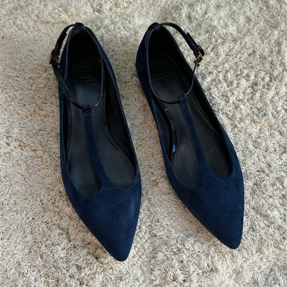 Tory Burch Ashton T-Strap Ankle-Wrap Flat 11 Navy Blue pointed tow ballet flat